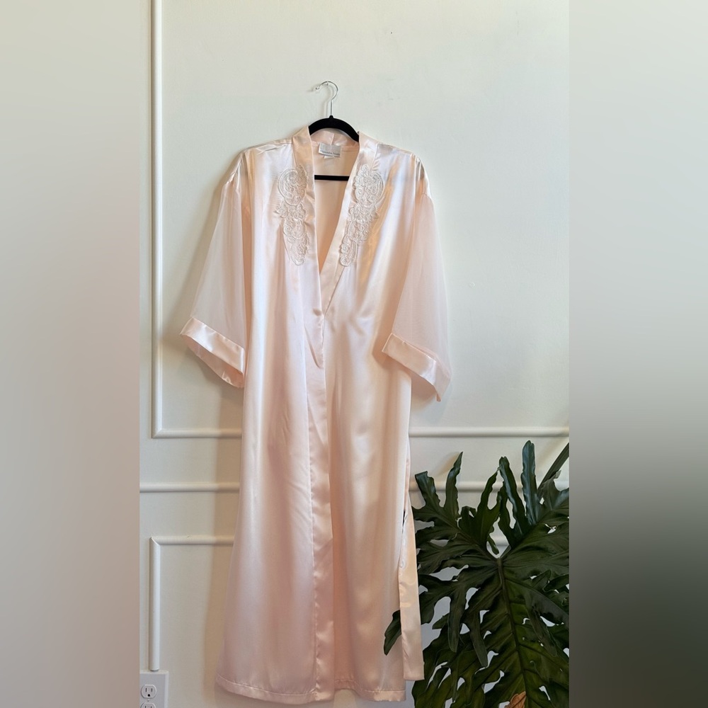 Elegant Pink Satin Robe with Lace Detail